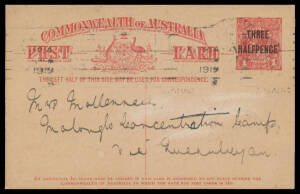 MOLONGLO DEFENCE CAMP: 1919 (Apr 14) usage of 1&frac12;d on 1d Postal Card with illustrated advice on the reverse for Farmer & Co & Sydney slogan cancel to a civilian internee at "Malonglo [sic] Concentration Camp/via Queanbeyan", a little stained. Rare inwards