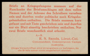 Red/grey-buff card (103x63mm) with mailing instructions for POWs/internees in German (Emery Fig 111).