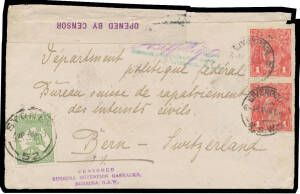 BERRIMA: 1915 plain cover to the Swiss Bureau for Repatriation of Civilian Internees with superb strike of the rare 'CENSORED/BERRIMA DETENTION BARRACKS/BERRIMA NSW' (Emery: "recorded but not seen"), forwarded to Liverpool with 'CENSORED/["DO Griffiths"] 