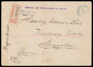 BERRIMA: 1915 envelope from a POW at Berrima (endorsed on the flap) with POW cachets, mss "Registered" & red lines with Sydney registration label & transit b/s of 17DE15), to a German firm in Shanghai, vertical fold & minor blemishes. Rare overseas regist