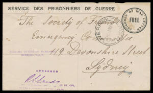 BERRIMA: 1916 POW Envelope with sender's endorsement "H Glink Concentration Camp/Berrima" on the flap & 'BERRIMA DETENTION BARRACKS/BERRIMA NSW' cachet, to "Society of Friends Emergency Committee" at Sydney with 'LIVERPOOL/7AU16/=NSW=' cds & Lt-Col Sands 