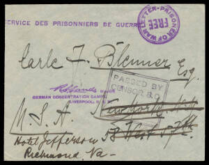 BOURKE: 1915 (Dec) 'NORDDEUTSCHER LLOYD/BREMEN' cover endorsed on flap ".../Prisoner of War/Bourke/NSW" with superb POW cachets & small 'RS Sands MAJOR/.../LIVERPOOL NSW' cachet all in violet, to New York with boxed 'PASSED BY/CENSOR SD/...' h/s applied a