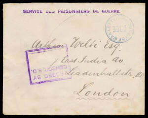 BOURKE: c.1915 plain cover endorsed on flap ".../Bourke/NSW" with straight-line POW cachet in violet & 'FREE' h/s in grey-blue, to London with boxed cesor h/s of Sydney, minor stains on the reverse. (EFR at page 168)