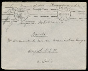 BOURKE: INWARDS MAIL: 1917 stampless cover from Germany with very fine 'BREMEN' machine cancel, to "Bourke", complete British 'OPENED BY CENSOR/4214' label (not a POW type), surprisingly not censored in NSW. Mail to this small camp is rare. [From another 