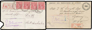 HOLDSWORTHY: 1917-19 POW Envelopes to Hobart, Sydney x2, Bethania (Qld) or Perth (WA), the first with manuscript registration number, two with different provisional registration labels, others with 'Holdsworthy/Camp' or 'Holdsworthy Mil Camp' labels, the 