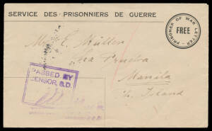 LIVERPOOL: c.1916 POW Envelope most unusually to "Manila/Ph Island" [sic], poor arrival b/s. A very rare destination for POW mail. (1)