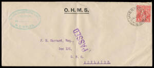 LIVERPOOL: 1916 OHMS cover with very fine oval 'GERMAN CONCENTRATION CAMPS/LIVERPOOL/No...'N. S. WALES.' cachet in green, KGV 1d red punctured 'OS' tied by Liverpool cds, superb 'PASSED' h/s applied on arrival at Adelaide, central fold & minor repaired op