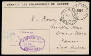 LIVERPOOL: 1917-18 POW Envelopes to Victoria with 'DIAMOND CREEK' arrival cds; to Queensland (toning); & to South Australia x4 (all with the original 'CONCENTRATION CAMPS, AUSTRALIA' letterheads), two with oval 'PASSED BY/4TH MD.../CENSOR' cachet applied 