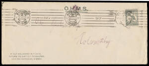 LIVERPOOL: INWARDS MAIL: 1917 OHMS cover with Victoria Barracks Sydney imprint at lower-left, to "OC GC Camp/ Holsworthy" with Third Wmk 2d Roo punctured 'OS' tied by Sydney machine cancel, '.../Subscribe/to the/LIBERTY/LOAN' label affixed to the reverse,