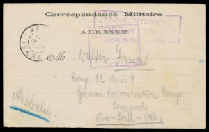 LIVERPOOL: 1916 printed 'Correspondence Militaire' Postal Card from a German POW in France with boxed 'VU PAR L'INTERPRETE/FORT BARRAUX' cachet in violet & part-'BARRAUX/18.9/16/ISERE' cds, 'SYDNEY/13NO16/50' b/s & boxed 'PASSED BY/CENSOR SD/...' cachet i