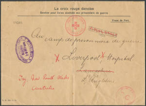 Postal History - World War I - POW Camps - New South Wales LIVERPOOL: 1916 'La croix rouge danoise' (= Danish Red Cross) envelope (250x180mm) to "Liverpool Hospital/ Lancashire/L'angleterre" with British 19th century 'Insufficiently Addressed/466' h/s but