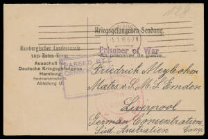 LIVERPOOL: 1916 & 1918 different types of German Red Cross POW Postal Cards advising that Christmas gifts had been forwarded & requesting advice of receipt on the attached reply-halves, the latter still intact, the first with British 'P.C.' h/s & the othe