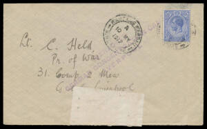 LIVERPOOL: 1917 cover from the Straits Settlements with 8c blue tied by 'KANDANG KERBAU/10MY/1917/SINGAPORE' cds, Sydney transit b/s of 30MY - 1917, plain censor label & light strike of the 'CENSORED/GERMAN CONCENTRATION CAMP/LIVERPOOL' cachet in violet. 
