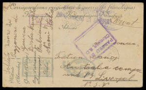LIVERPOOL: 1918 printed Italian POW Postal Card with the message in Serbo-Croat (?) headed "3.17.1918" with Italian markings, apparently missent to England with light 'LIVERPOOL/9MY/18/RLO' & 'RETURNED LETTER OFFICE/9MY/18/LIVERPOOL' cds, apparently forwa
