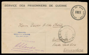 TRIAL BAY: 1915 & 1916 POW Envelopes with 'CENSORED/DETENTION BARRACKS/TRIAL BAY NSW' cachet sans serif in blue or seriffed in violet, curiously with Lt-Col Sands cachet in violet or Lt-Col Holman cachet in violet, the latter (soiled) to Liverpool Camp w