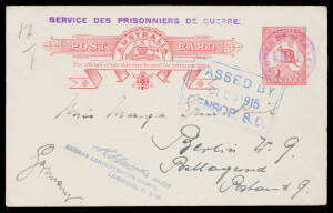 TRIAL BAY: 1915 usage of 1d Roo Postal Card cancelled with 'FREE' h/s in violet, 'RS Sands MAJOR/.../LIVERPOOL NSW' h/s in grey-blue & boxed 'PASSED BY/OCT 28 1915/CENSOR SD' d/s in blue, to Germany. Superb! (EFR at page 129)