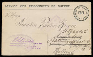 TRIAL BAY: c.1916 POW Envelope to Amsterdam with light strike of the British oval 'PRISONER OF WAR/REPATRIATION BUREAU' cachet at lower-left, on arrival redirected to "Utrecht", minor soiling. Scarce destination for POW mail.