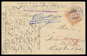 TRIAL BAY: 1916 (Mar 18) stampless PPC endorsed "...P of War/Trial Bay NSW" with POW cachets in violet & Lt-Col Sands cachet in blue, to "Celebes/Dutch East Indies" with boxed 'PASSED BY/CENSOR SD/...' h/s in red, curiously taxed on arrival with Indies 10