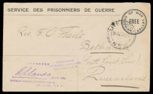 TRIAL BAY: 1916 POW Envelope to Queensland with seriffed 'CENSORED/DETENTION BARRACKS/TRIAL BAY NSW' cachet (very late usage), 'LIVERPOOL/23AU16/=NSW=' cds & Lt-Col Sands cachet in violet. (EFR at page 142)