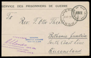 TRIAL BAY: 1916 POW Envelope to Queensland with sans serif 'CENSORED/DETENTION BARRACKS/TRIAL BAY NSW' cachet (very early usage) in blue, 'LIVERPOOL/2SE16/=NSW=' cds & Lt-Col Sands cachet in violet, slightly reduced at left. (EFR at page 143)