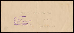 TRIAL BAY: Undated cover with 'GERMAN COMMITTEE/TRIAL BAY' h/s - affected by a repaired tear on the flap - otherwise devoid of POW markings, to an inmate at "GCC/Liverpool" with Lt-Col Holman censor cachet in violet, vertical fold. (EFR at page 161)