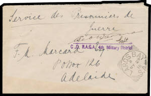 FORT LARGS: a similar cover - no sender's endorsement - with superb strike of the cachet & very fine 'LARGS BAY/MY29/16/S.A' datestamp below, very minor discolouration at lower-left. Fort Largs Internment Camp was so small & insignificant that its existe