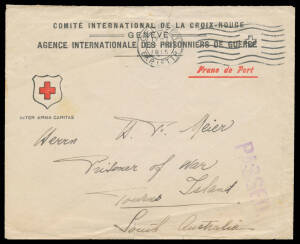 TORRENS ISLAND: 1915 (July 22) stampless cover from the Red Cross in Switzerland to "Torrens Island/South Australia" with Geneva machine cancel, Adelaide arrival b/s of SE2/15 & 'PASSED.' h/s in violet, repaired opening fault & minor blemishes. (EFR at p