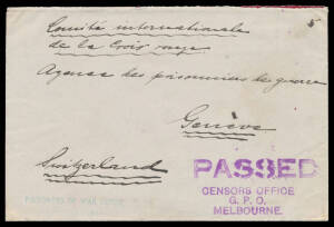 LANGWARRIN: early-1915 plain cover endorsed ".../Melbourne Australia/Langwarrin Camp" on the flap, to the Red Cross in Switzerland with very fine 'CENSORS OFFICE/GPO/MELBOURNE' & 'PASSED' h/s both in violet, Geneva arrival b/s of 13.IV.1915.