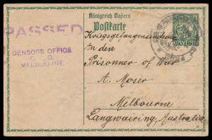 LANGWARRIN: INWARDS MAIL: 1915 (May 28) Bavarian Postal Card to "Langwaring" with British POW cachet, 'CENSORS OFFICE/GPO/MELBOURNE' & 'PASSED' h/s both in violet, a few blemishes; and 1915 (Oct 28) Feldpostkarte from Germany to Langwarrin with British P