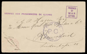 ENVELOPES - FORERUNNERS: 1915 plain cover from Liverpool Camp with superb strikes of straight-line h/s & boxed 'PRISONER/OF/WAR/LETTER.' cachet (Emery #CA221) both in violet, to Germany with light 'PASSED BY CENSOR/11AU15/=CS=' cds in red at lower-left ap