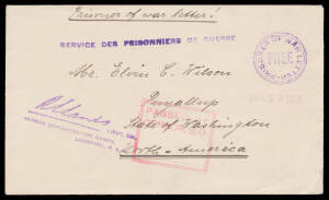 ENVELOPES - FORERUNNERS: 1916 plain envelope from Berrima with very fine strikes of the straight-line h/s & 25mm 'PRISONER OF WAR LETTER/FREE' cachet (Emery #CA222; wrongly stated to be 24mm) in violet, to the USA with the enclosed letter headed "Berrima 