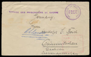 ENVELOPES - FORERUNNERS: c.1916 plain envelope from Trial Bay with very fine strikes of the straight-line h/s & 26mm 'PRISONER OF WAR LETTER/FREE' cachet (Emery Supplement #CA222B) both in violet, to Saxony with Lt-Col Sands cachet in blue & boxed 'PASSED