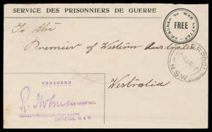 ENVELOPES: With printed 25mm 'PRISONER OF WAR/FREE'-in-Double-Circle & sans serif 'SERVICE DES...' from Liverpool (cds) to Sydney; ditto (Damaged 'ER OF'), with seriffed 'SERVICE DES...' from Liverpool (cds) to the Premier of Western Australia; 27mm Free 