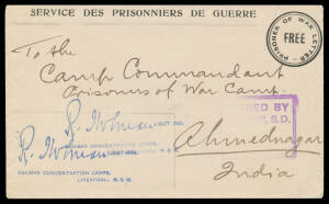 ENVELOPES: With printed 25mm 'PRISONER OF WAR/FREE'-in-Double-Circle original undamaged state with seriffed 'SERVICE DES...' header & All Text Offset on the Reverse, from Trial Bay to the "Camp Commandant/Ahmednagar/India". Scarce usage between POW camps 