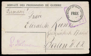 ENVELOPES: With printed 29mm 'PRISONER OF WAR/FREE/ --- '-in-Double-Circle & seriffed 'SERVICE DES...' (Emery #PSPE6) Original Undamaged State from Liverpool; Worn State with Defective First 'R' of 'PRISONER' & 'OF' from Holdsworthy; a second electro with
