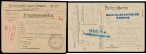 Display pages of mail from Australian POWs including Acknowledgement of Receipt of Parcel cards to London (unused) & Switzerland, advice of capture card to WA, advice of address cards to London & WA, two 'Feldpostkarte' with 'KRIEGSGEFANGENEN/SENDUNG' h/s