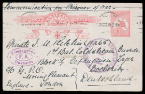 1915-18 mail to POWs in Germany c/- the British GPO in London or the Australian Red Cross in London comprising covers x4 all with a KGV 1d red, Postal Cards 1d Roo, 1d Fullface & 1d Sideface, and "Star" 1d Envelopes x5, all forwarded under cover to variou