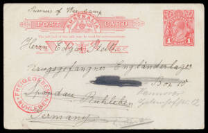 1915-18 mail to POWs sent directly to the camps in Germany comprising covers x2 each with a KGV 1d red, a PPC with the stamp removed (probably by the camp censor), Postal Card 1d Sideface (uncancelled, redirected internally: was the recipient paroled?), a