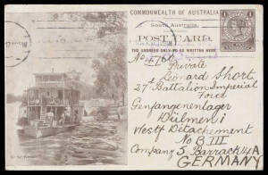 1917 very late usage of South Australian 1d Postal Card "ON THE MURRAY" (paddlesteamer) to a POW sent directly to Dulmen Camp with Adelaide machine cancel & 'PASSED' h/s in violet. A very scarce usage.