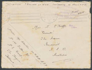 1918 PPC of Langensalza POW Camp to England with large circular Camp cachet & German POW Postal Card with printed 'Camp de Friedrichsfeld pr&egrave;s Wesel' at left & 'Friedrichsfeld' on the reverse; also two covers (one a front only) from an Australian POW inte
