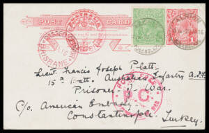 1916 usage of KGV 1d Postal Card to an officer with the 15th Infantry Battalion c/- the American Embassy at Constantinople with KGV &frac12;d added & tied by 'ALBION/22JA16/QUEENSLAND' cds & 'PASSED CENSOR/ 24JA16/BRISBANE' cds in red, British POW cachet also in