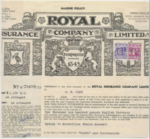 Revenues group including NSW KEVII 2d & 8d on separate receipts, Small Format 1938 to £1 (pair), 1/- & 6/- both with 'RIC' perfin on 1953 insurance policy (folded for display), 'RELIEF/TAX' 5/- & £1 pair on a receipt; Queensland QV 1d & NSW QV 1/- on an 