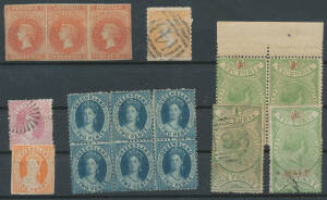 Queensland 1868-78 1d Imperf single SG 83a with part o.g. & 2d deep blue SG 100 block of 6 - minor faults - with large-part o.g. (Cat £420+); 1880 20/- with dubious Rays cancel; South Australia 1856-58 2d red SG 9 strip of 3 with good to large margins, a 