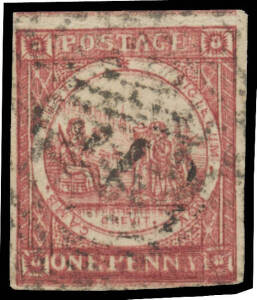 1850-51 Sydney Views Plate I (No Clouds) on Soft Yellowish Paper 1d reddish rose as SG 3 [8] but with a Pronounced Double Impression, margins just clear to large, indistinct numeral cancel that leaves much of the design unobscured, Cat &pound;475+. BPA Certific