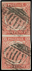 1850-51 Sydney Views Plate II (Clouds) on Horizontally Laid Paper 1d carmine SG 13 vertical pair, margins close to good except at upper-left of the lower unit where just touched, bars cancels of Sydney, Cat &pound;1400+. A rare & desirable multiple.