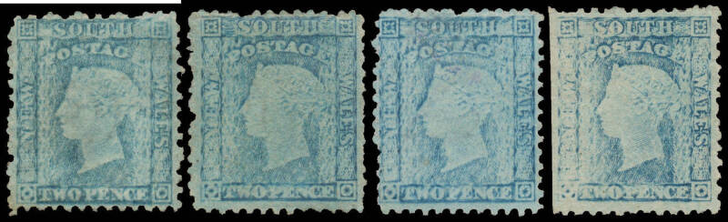 1860-72 Perforated Diadems 2d blue (shades) Plate II SG 134-136 group, four examples all very worn impressions, unused, Cat £800. Ex Guy Hutson.
