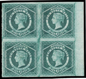 1882-97 Wmk '40' 5d deep blue-green Imperforate marginal block of 4 SG 233e from the right of the sheet, attractive burnishing between the units, characteristic minor gumbends, large-part o.g., Cat &pound;950++. Ex Guy Hutson.
