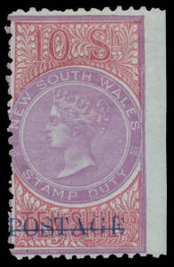 1885-86 Stamp Duty Overprinted 'POSTAGE' in Blue 10/- mauve & claret Perf 10 SG 241 Imperforate at Right, large-part o.g., Cat £1700. A rare & underrated stamp. Ex Guy Hutson.