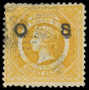 OFFICIALS: 1882-85 Wmk '40' Perf 11 8d yellow with the Overprint Triple SG O32db, well centred, untidy but light cancellation that only slightly intrudes on the overprints, Cat £1200. Ex Guy Hutson. A rare stamp.