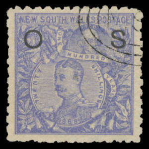 OFFICIALS: 1888-90 Wmk '5/-' 20/- Governors SG O48 with the Watermark Sideways, unusually well centred, characteristic irregular perfs, CTO with 'NSW'-in-concentric-ovals, Cat £1100 postally used.